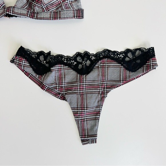 NWT Victoria’s Secret Grey & Pink Plaid Satin Bralette, Thong, & Itsy Panty Set - Picture 4 of 14
